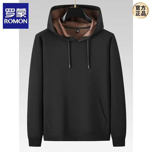 ROMON high-end modal cotton hooded pullover long-sleeved sweatshirt for men in spring and autumn, simple, casual, fashionable, handsome, plus size, black (black lining) 7XL suitable for 280-300Jin Jin equals 0.5 kg