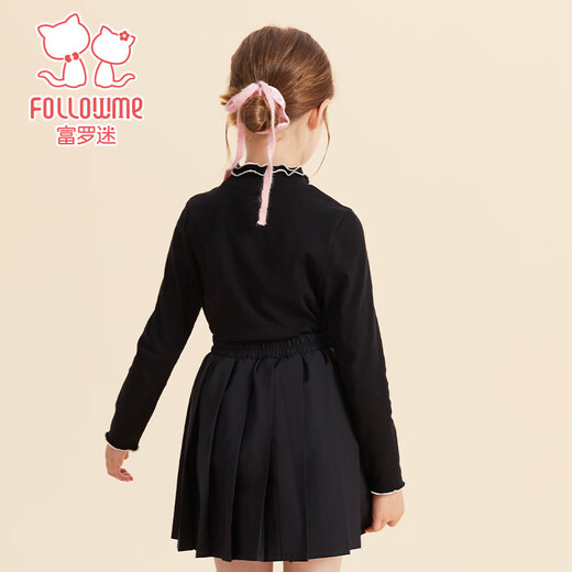 Fuluomi children's long-sleeved bottoming shirt for spring and autumn girls, comfortable and skin-friendly lotus leaf collar, with T-shirt inside and can be worn outside, black 110