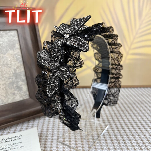TLIT Lace Rhinestone Butterfly Headband Women's 2024 New High-ceiling Western Style Fashionable Versatile Wide-Brim Headband Hairpin Headwear Black Butterfly Headband