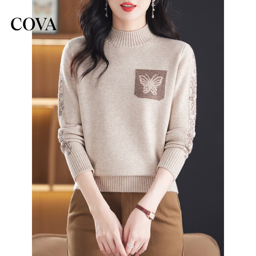 COVA international first-line brand design hot diamond women's half turtleneck inner sweater fashionable mother's spring style bottoming shirt Wen Khaki S 90-100Jin Jin is equal to 0.5 kg