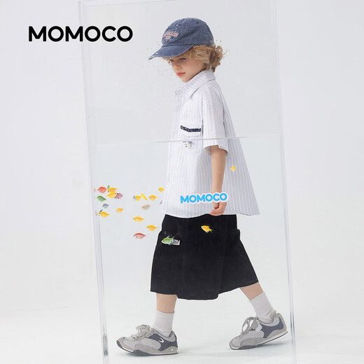 Mami Maka (MOMOCO) boys' short-sleeved shirt summer children's fashion versatile children's shirt blue and white 130