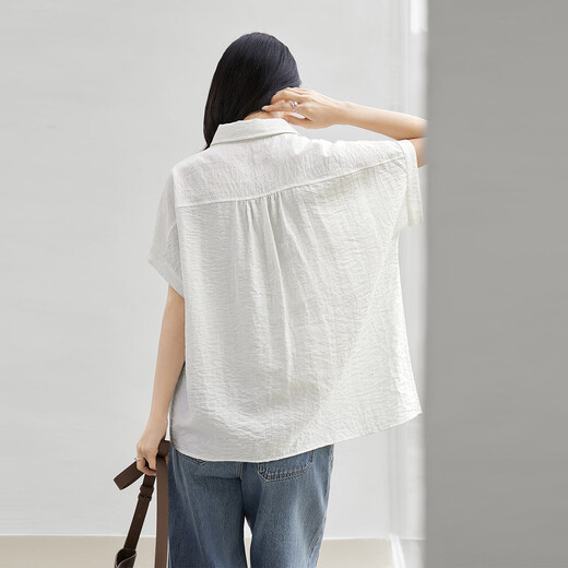 Dialogue (DUIBAI) linen blended white short-sleeved shirt for women 2026 summer new style commuting loose light and breathable shirt top Moonlight White M