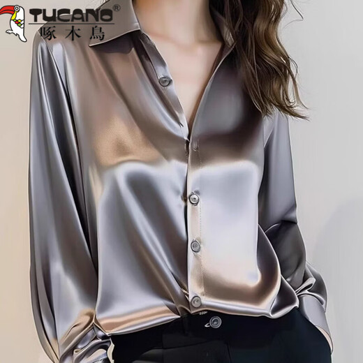 Woodpecker 2026 Spring and Autumn New High-end Gray Acetate Satin Shirt Women's Long-Sleeved Chic French Professional Shirt Gray XL