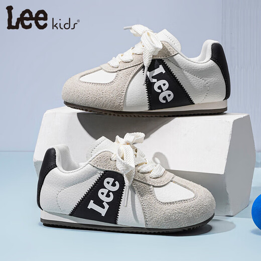 Lee children's shoes spring new children's sports shoes girls wear-resistant casual sneakers boys versatile lace-up moral training shoes light beige black 31 recommended foot length 192mm