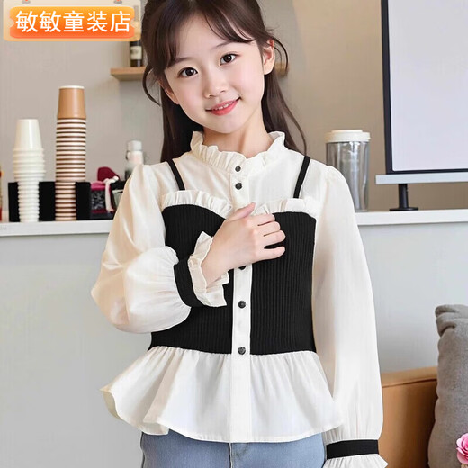 Girls' shirts, fashionable fake two-piece long-sleeved tops, spring and autumn children's baby doll shirts, new French style shirts, girls' patchwork shirts, size 120, recommended height 110cm
