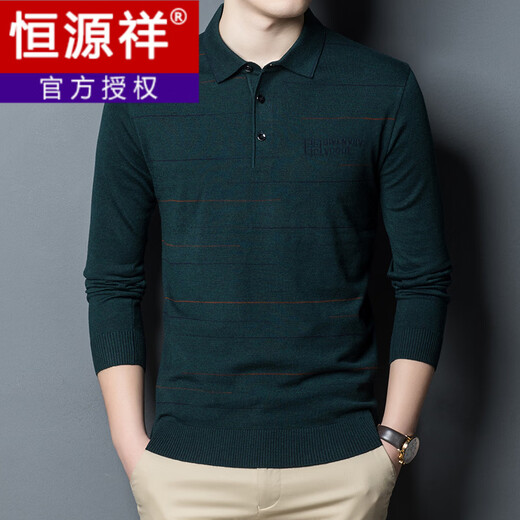 Hengyuanxiang men's spring and autumn lapel T-shirt thin long-sleeved middle-aged striped loose knitted bottoming sweater Mo Lan M