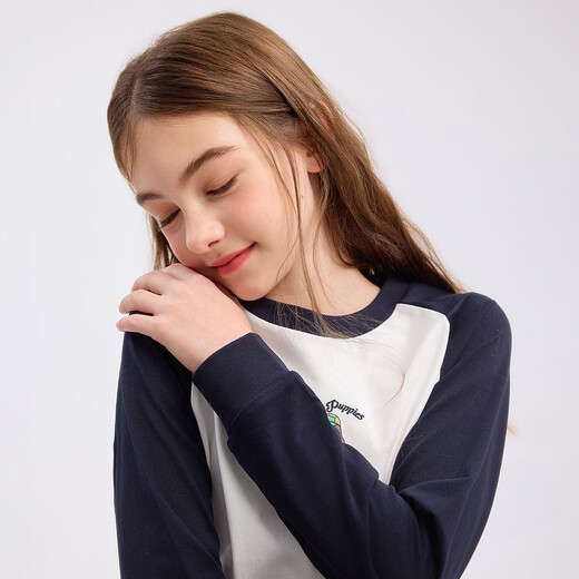 Hush Puppies children's clothing for children and girls 2026 spring new elastic waist and sweet slim long-sleeved crew neck shirt navy blue 160 cm