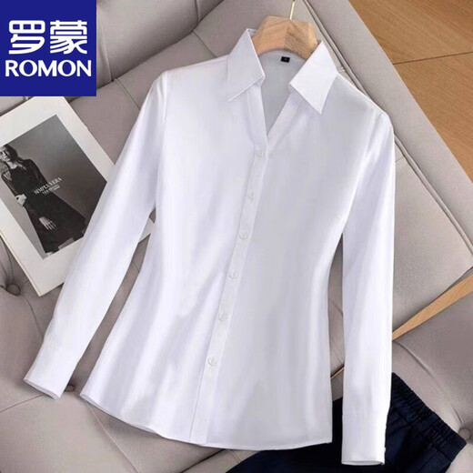 ROMON temperament black chiffon shirt early autumn French commuter long-sleeved shirt women's professional quality shoulder shirt top V-neck exposed button white long sleeve 7XL recommended 170-190Jin Jin equals 0.5 kg