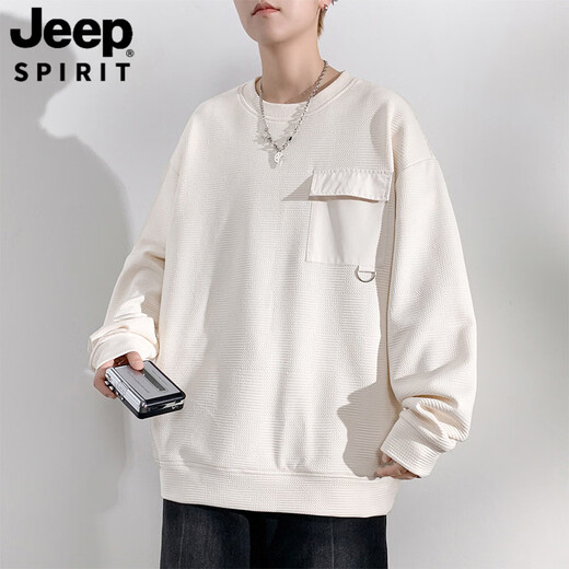 JEEP SPIRIT long-sleeved T-shirt men's spring and autumn large size loose plus fat round neck top casual inner fat bottoming shirt sweatshirt apricot M 90-110Jin Jin equals 0.5 kg