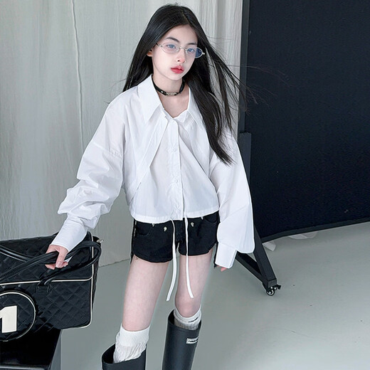 Girls' Spring and Autumn Shirts 2026 New Fashion Girls Korean Style Medium and Big Children's Style Loose Long-Sleeved Inner Cross-Border White 120 cm