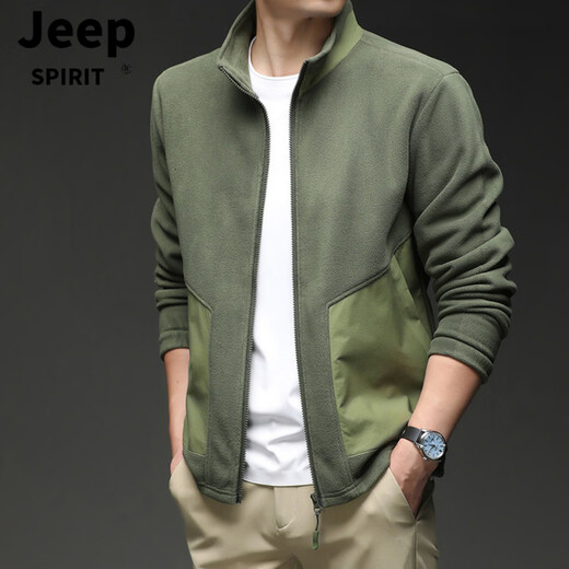 JEEP SPIRIT Cardigan Sweatshirt Men's 2026 Spring Loose Sports Top Casual Stand Collar Polar Fleece Jacket Men Gray M