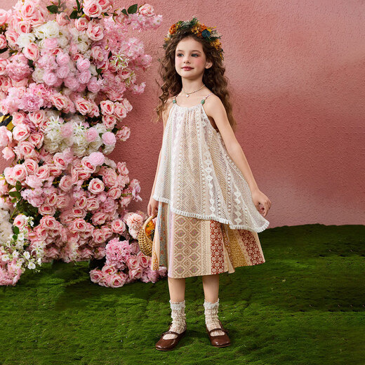 ASK JUNIOR children's skirt summer big children's fake two-piece suspender dress girls ethnic style travel vacation teen princess dress