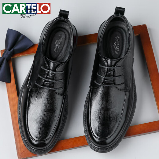 CARTELO crocodile pattern men's leather shoes wear-resistant soft cowhide casual leather shoes men's business round toe thick-soled men's shoes 9671 black 41