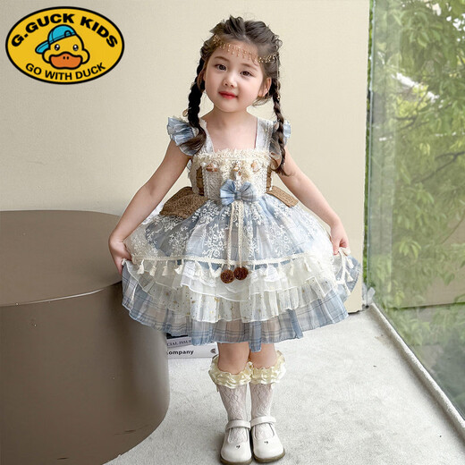 G.duck little yellow duck girls summer dress children's Lolita princess dress small and medium-sized children's girls summer tulle skirt with tail + MDDUO2529 pastoral style shell Lolita suspender plaid 110 cm