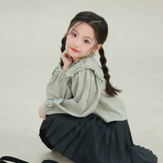 UTOUTO Big Ear Elephant Girls Hollow Lace Solid Color Shirt 2026 Spring New Baoer Pure Cotton Large Lapel Long Sleeve Top Milk Tea Apricot Spot 80