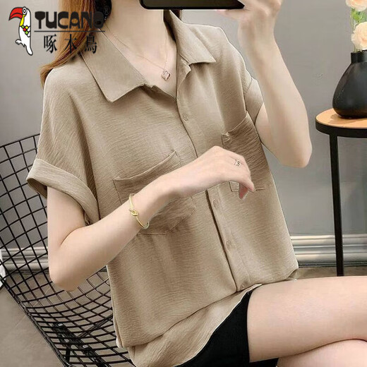Woodpecker 2026 New Trendy Loose High-end Chiffon Shirt Tops Women Summer Thin Shirt Short Sleeve Fashion Large Size Graphic Khaki XL 100-120Jin Jin is equal to 0.5 kg