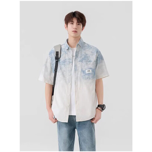 Playboy (PLAYBOY) pure cotton short-sleeved shirt men's summer ice-like thin quarter-sleeved shirt trendy gradient color half-sleeved shirt jacket 6503 blue 2XL recommended 150-170Jin Jin equals 0.5 kg