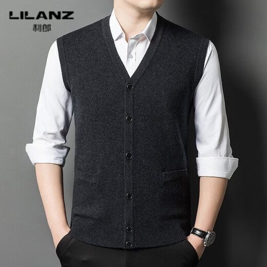 LILANZ autumn and winter men's pure wool cardigan thickened warm sweater sleeveless vest v-neck high-end daddy wool dark gray d022 thickened XL