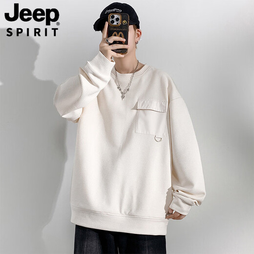 JEEP SPIRIT long-sleeved T-shirt men's spring and autumn large size loose plus fat round neck top casual inner fat bottoming shirt sweatshirt apricot M 90-110Jin Jin equals 0.5 kg