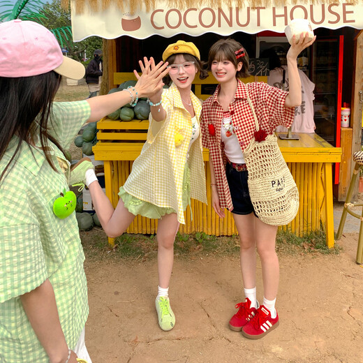 Mori Girl Tribe Summer Sweet Girl Plaid Shirt Women's Summer Doll Decoration Colorful Buttons Versatile Loose Top New Style Green Apple Style S Model Code