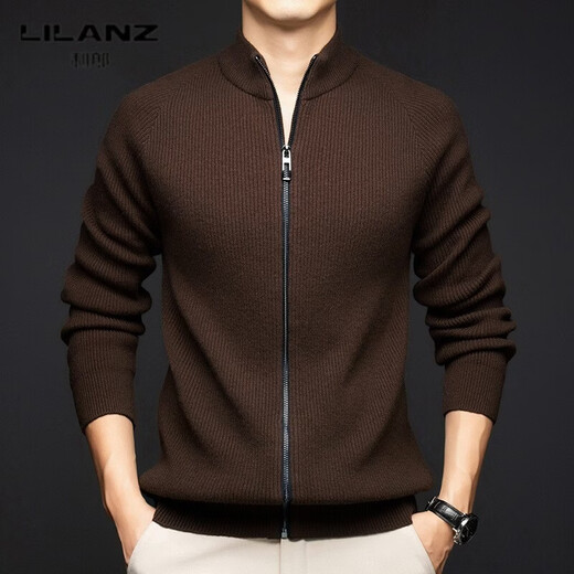 LILANZ men's knitted cardigan new fall and winter stand-up collar zipper pure wool long-sleeved casual fashion top sweater gray green 14XL (115)
