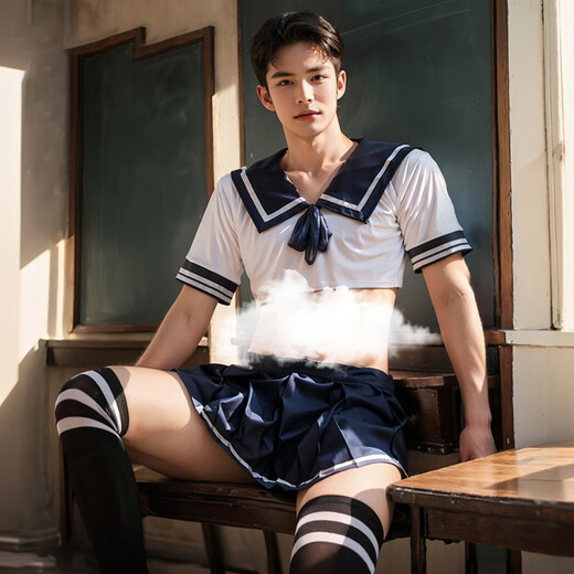 Herren Uniform Sex Unterwäsche 2025 Neue sexy Männer besondere große Angriffsgeschwindigkeitsrobe SM Schande Tanga, Dunkelblau + Weiß [kurzes Top + Faltener kurzer Rock + T-Troussers] Ein-Größe [vorgeschlagenes Gewicht 110-160 Jin [Jin gleich 0,5 kg]]]