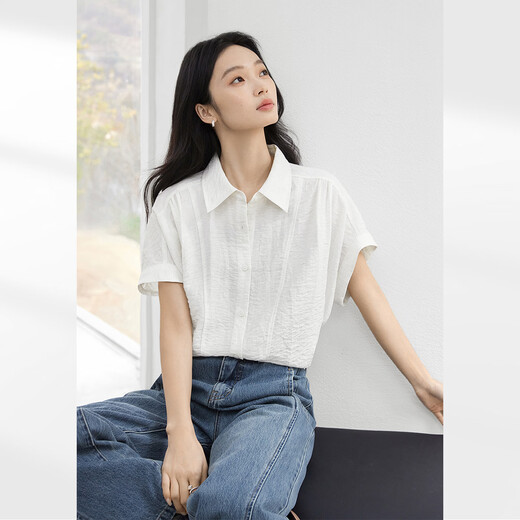 Dialogue (DUIBAI) linen blended white short-sleeved shirt for women 2026 summer new style commuting loose light and breathable shirt top Moonlight White M