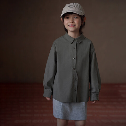 Haqi Children's Clothing 2026 Spring and Autumn Children's Tops Gray Green Literary Loose Shirts Boys and Girls Shirts Casual Loose Gray Green 110