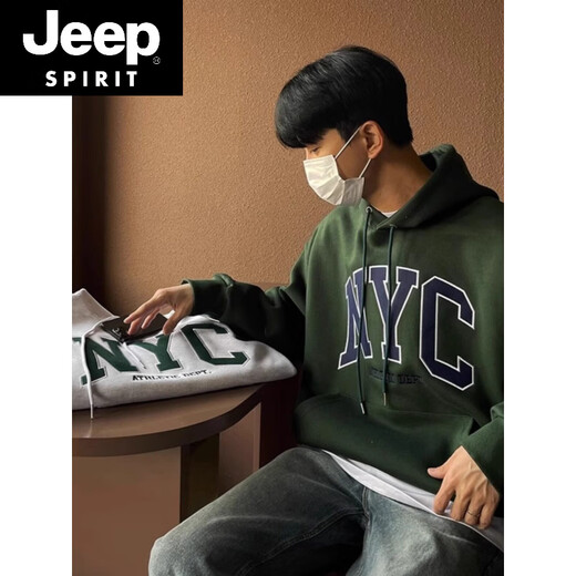 JEEP SPIRIT outer wear dark green hooded sweatshirt for boys spring new American oversize printed loose top trendy white spring and autumn thin. S (recommended 85-110Jin Jin equals 0.5 kg)