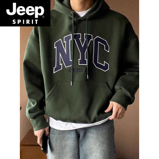 JEEP SPIRIT outer wear dark green hooded sweatshirt for boys spring new American oversize printed loose top trendy white spring and autumn thin. S (recommended 85-110Jin Jin equals 0.5 kg)