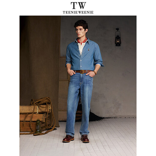 Teenie Weenie Bear Men's 2026 Summer Embroidered Bear Lapel Simple Casual Long Sleeve Denim Shirt Denim Color L