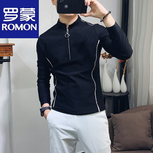 ROMON Korean style slim-fitting sweatshirt men's long-sleeved long-sleeved t-shirt men's casual stand-up collar zipper solid color underwear lining black M suitable for wear within 120Jin Jin equals 0.5kg
