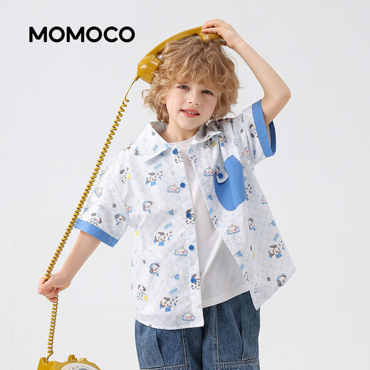 Mami Maca (MOMOCO) children's shirt summer boys short-sleeved summer fashion versatile shirt white full print 140
