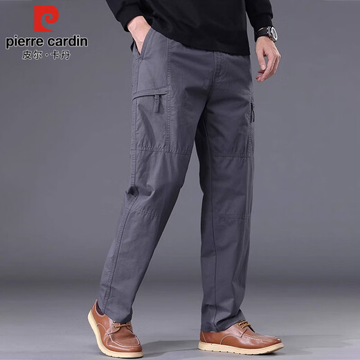 Pierre Cardin casual pants men's spring and summer pure cotton workwear straight pants men's loose wide-leg long pants men's military green XL