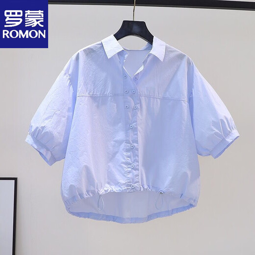 ROMON cotton shirt women's short petite 2026 summer thin hem drawstring design loose lantern sleeve shirt light blue S 80-100Jin Jin equals 0.5 kg