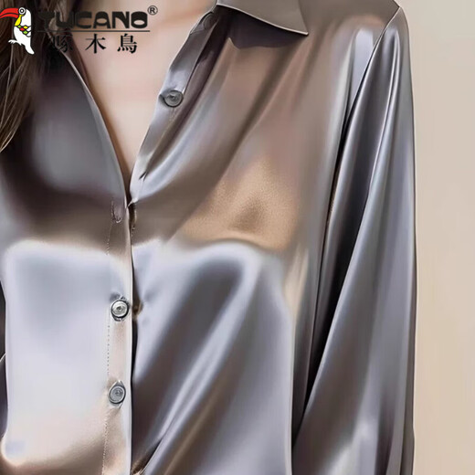Woodpecker 2026 Spring and Autumn New High-end Gray Acetate Satin Shirt Women's Long-Sleeved Chic French Professional Shirt Gray XL