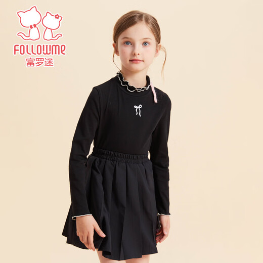 Fuluomi children's long-sleeved bottoming shirt for spring and autumn girls, comfortable and skin-friendly lotus leaf collar, with T-shirt inside and can be worn outside, black 110
