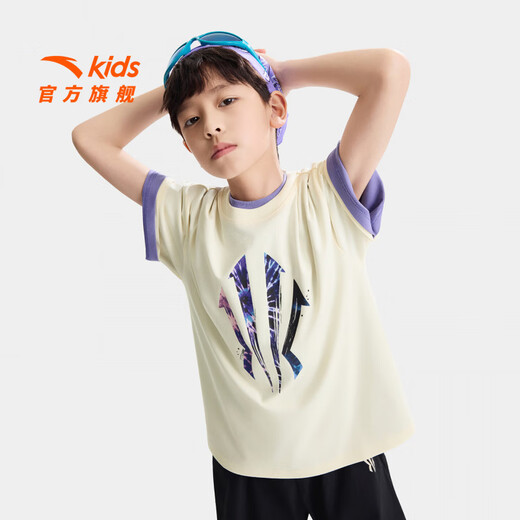 ANTA children's T-shirt for boys and girls 2026 summer new product skin-friendly cotton feel breathable Owen basketball short T352621177 duck down white-1 130