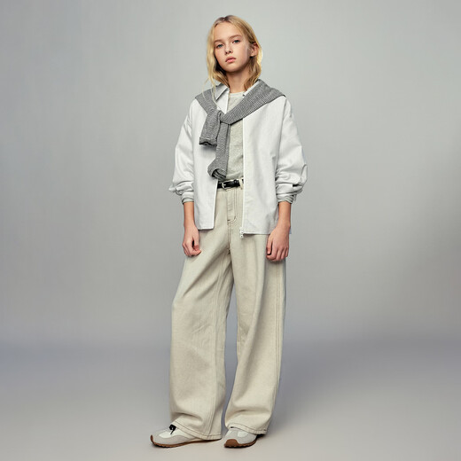 ELLE KIDS children's clothing gray and white striped sports suit for girls spring new embroidered jacket/A-line skirt optional white and gray striped top 120 (110/120)