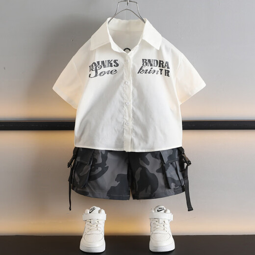 Ultraman boys summer letter short-sleeved shirt set 2025 new medium and large children summer children's medium pants boys two-piece set white 90 cm