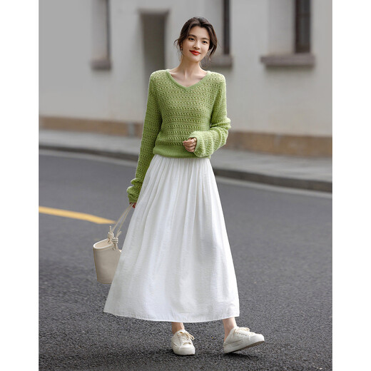 Demana Contains sheep wool, spring gentle style V-neck hollow sweater, girly short knitted sweater with hidden flesh, women's top