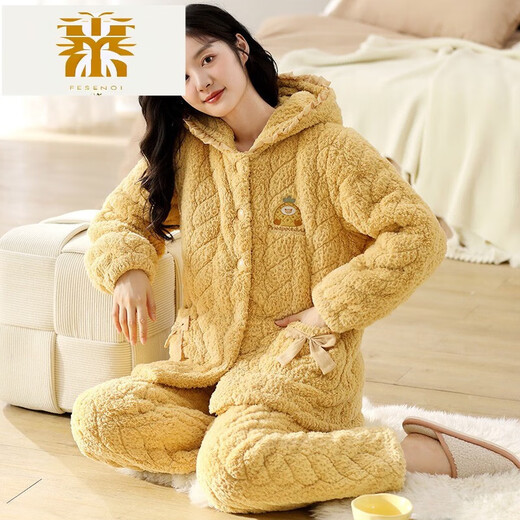 Fmseruios Light Luxury High-End Coral Velvet Cotton Pajama для женщин в зимней трехслойной сгущенной плюшевой домашней одежде для женщин Зимняя фланель MFB12250 ЖЕНЩИНЫ L