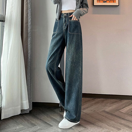 吉莞美直筒牛仔裤女春秋设计美式休闲口袋阔腿长裤小个子梨形拖地裤 679蓝灰色牛仔裤 S 建议80-95斤左右