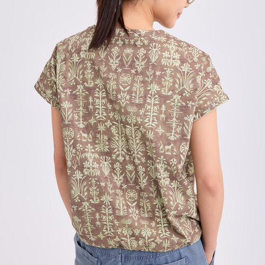 Colorless and odorless pottery shadow cocoon 26th summer new product pure cotton retro print short-sleeved shirt women's top antique brown M (36)