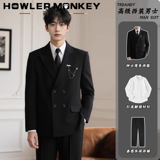 Sound Monkey Suit Jacket Men's Wedding Engagement Dress Gentleman's Fashion Business Double-Breasted Suit Set Men's Casual Suit Black Suit + White Shirt + Black Trousers Free Tie XL