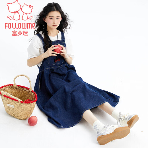 Fuluo Mi Girls Dress Summer New Fashionable and Western-style Loose Casual Denim Suspender Skirt for Big Girls Blue 160