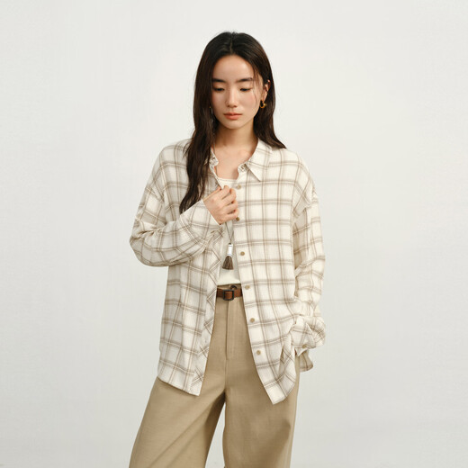 Sudian (WHiteALLUSION) retro plaid long-sleeved shirt 2026 spring new style relaxed casual off-shoulder loose commuting top 5928