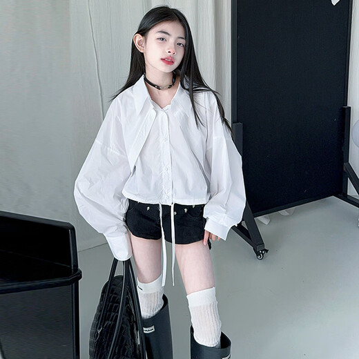 Girls' Spring and Autumn Shirts 2026 New Fashion Girls Korean Style Medium and Big Children's Style Loose Long-Sleeved Inner Cross-Border White 120 cm