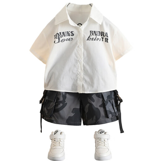 Ultraman boys summer letter short-sleeved shirt set 2025 new medium and large children summer children's medium pants boys two-piece set white 90 cm