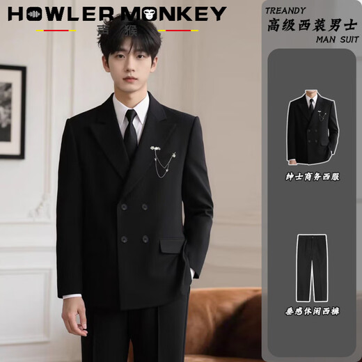 Sound Monkey Suit Jacket Men's Wedding Engagement Dress Gentleman's Fashion Business Double-Breasted Suit Set Men's Casual Suit Black Suit + White Shirt + Black Trousers Free Tie XL